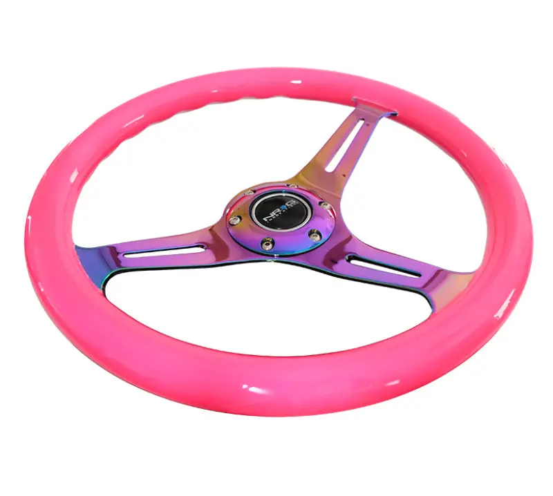 Nrg Classic Wood Grain Steering Wheel (350Mm) Neon Pink Painted Grip W/Neochrome 3-Spoke Center 1
