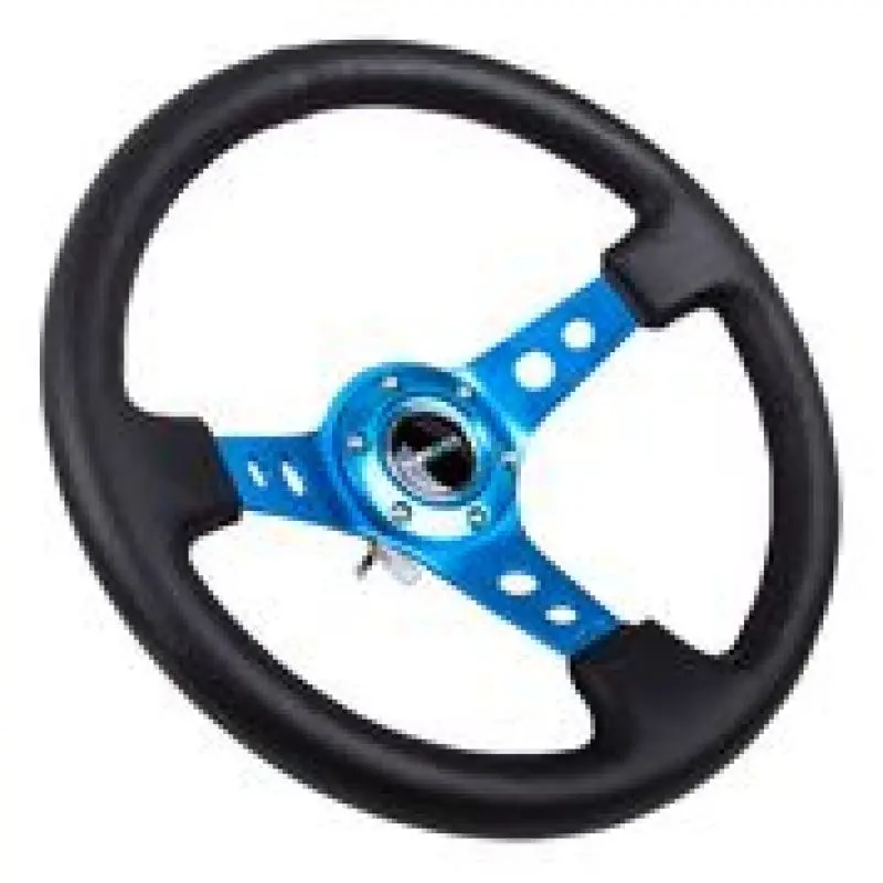 Nrg Reinforced Steering Wheel (350Mm / 3In. Deep) Blk Leather W/Blue Circle Cutout Spokes 1