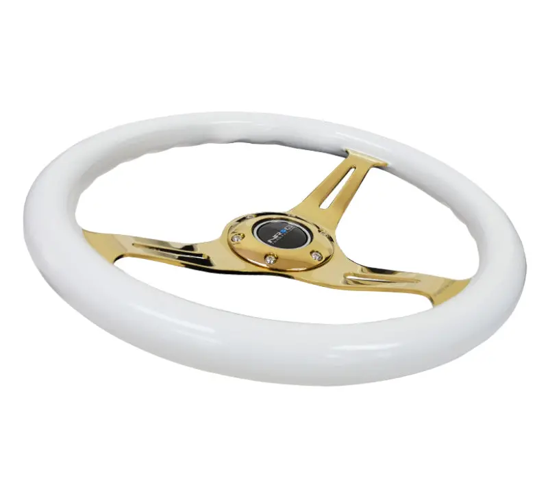 Nrg Classic Wood Grain Steering Wheel (350Mm) White Grip W/Chrome Gold 3-Spoke Center 1
