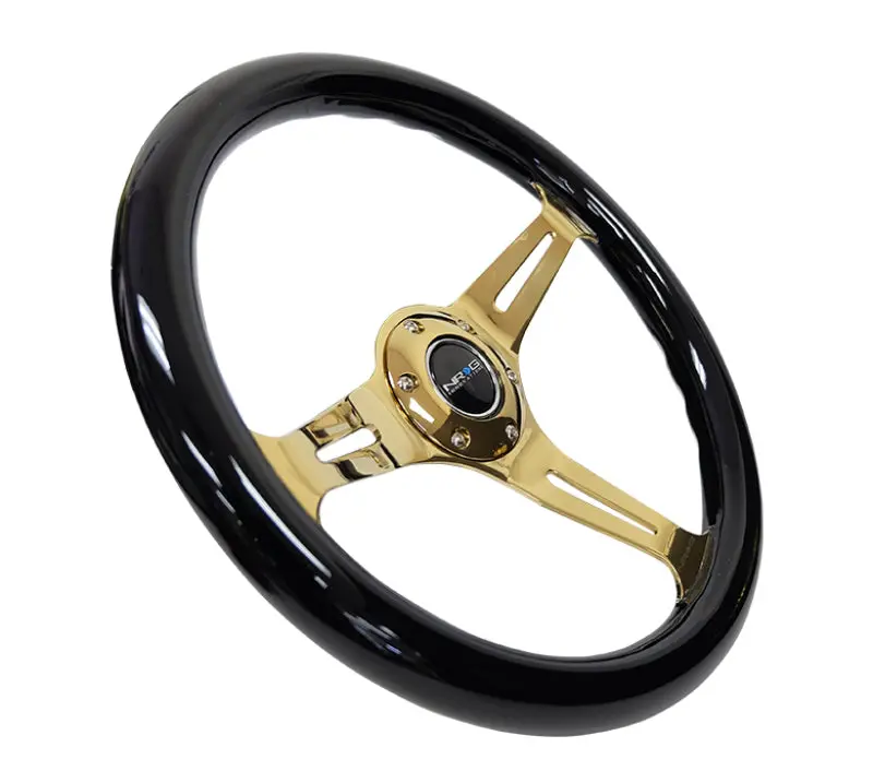 Nrg Classic Wood Grain Steering Wheel (350Mm) Black Grip W/Chrome Gold 3-Spoke Center 1