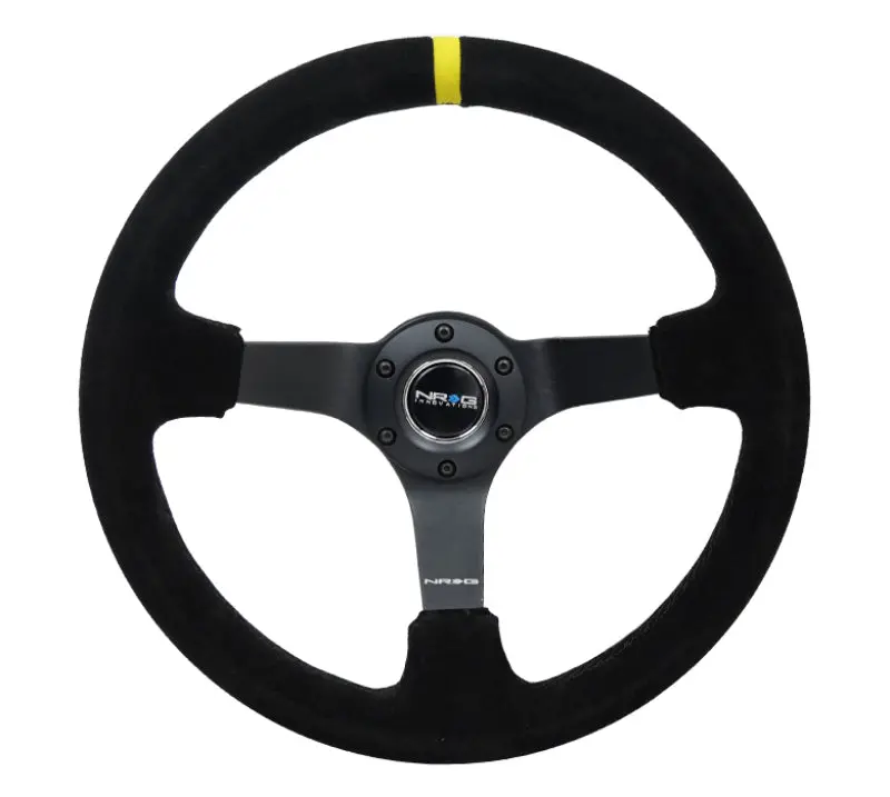 Nrg Reinforced Steering Wheel (350Mm / 3In. Deep) Blk Suede/X-Stitch W/5Mm Blk Spoke & Yellow Cm 1
