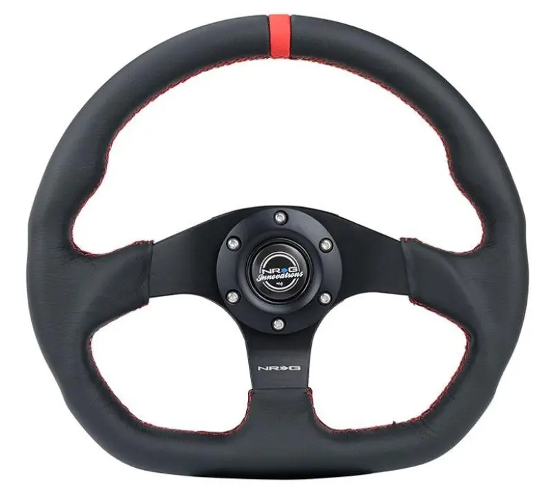 Nrg Reinforced Steering Wheel (320Mm) Sport Leather Flat Bottom W/ Red Center Mark/ Red Stitching 1