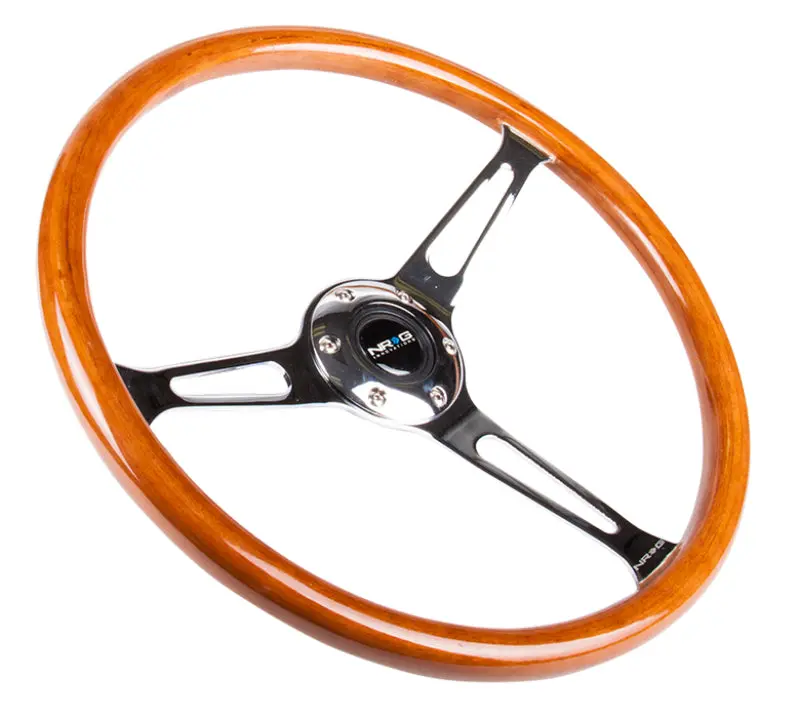 Nrg Reinforced Steering Wheel (360Mm) Classic Wood Grain W/Chrome Cutout 3-Spoke Center 1