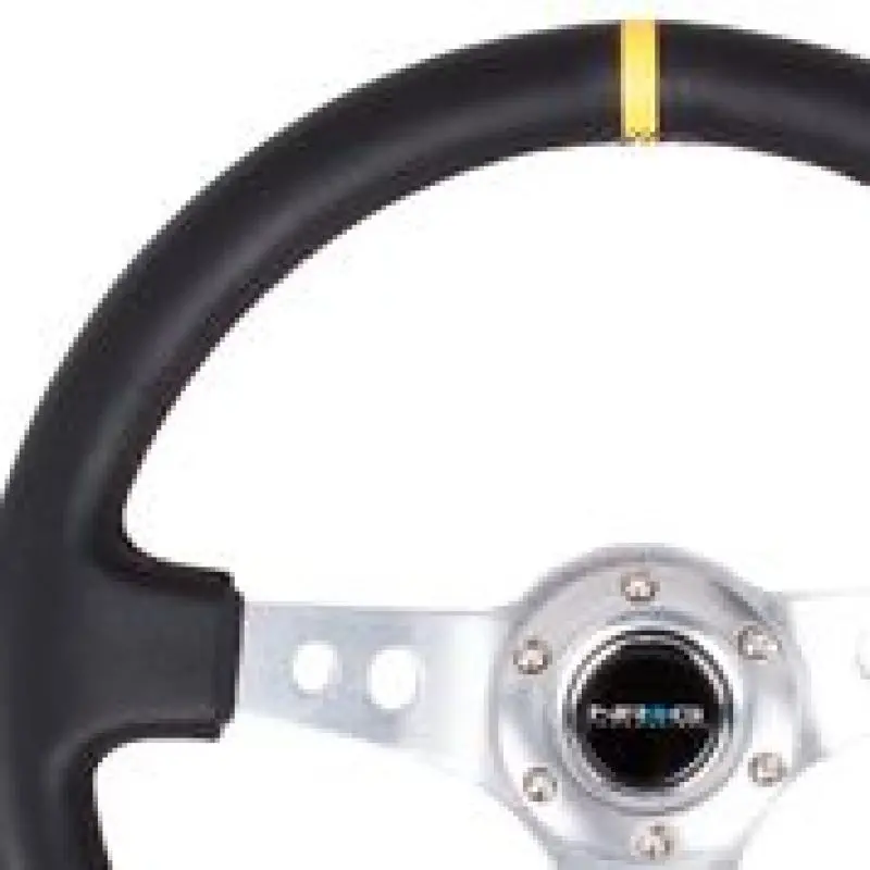 Nrg Reinforced Steering Wheel (350Mm / 3In. Deep) Blk Leather W/Circle Cut Spokes & Single Yellow Cm 1
