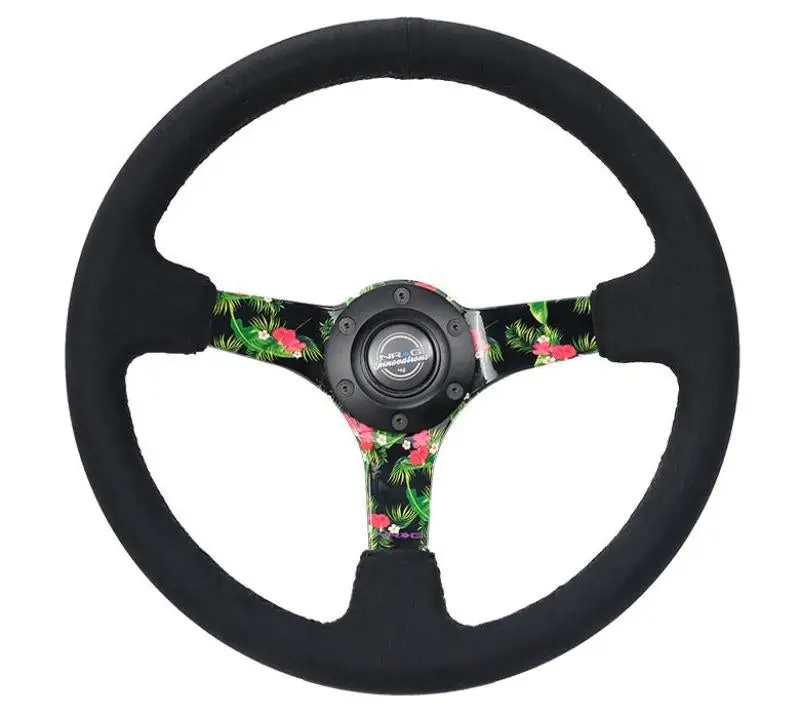 Nrg Reinforced Steering Wheel (350Mm / 3In. Deep) Black Suede W/ 5Mm Floral 3-Spoke Center 1