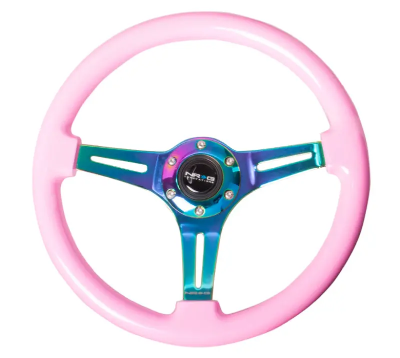 Nrg Classic Wood Grain Steering Wheel (350Mm) Solid Pink Painted Grip W/Neochrome 3-Spoke Center 1