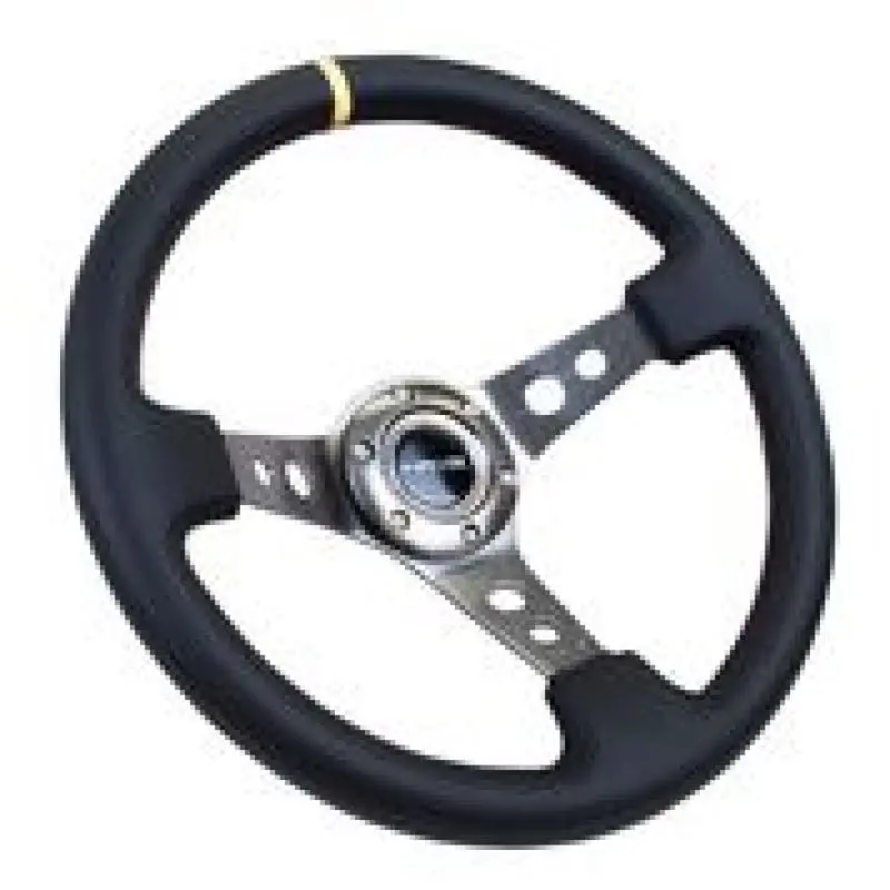 Nrg Reinforced Steering Wheel (350Mm / 3In. Deep) Blk Leather W/Gunmetal Cutout Spoke & Yellow Cm 1
