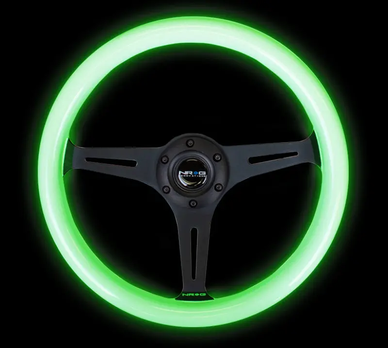 Nrg Classic Wood Grain Steering Wheel (350Mm) Glow-N-The-Dark Green Grip W/Black 3-Spoke Center 1