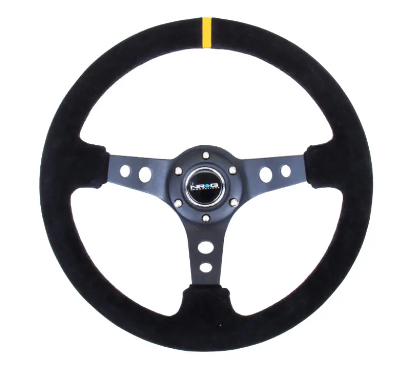 Nrg Reinforced Steering Wheel (350Mm / 3In. Deep) Blk Suede W/Circle Cut Spokes & Single Yellow Cm 1