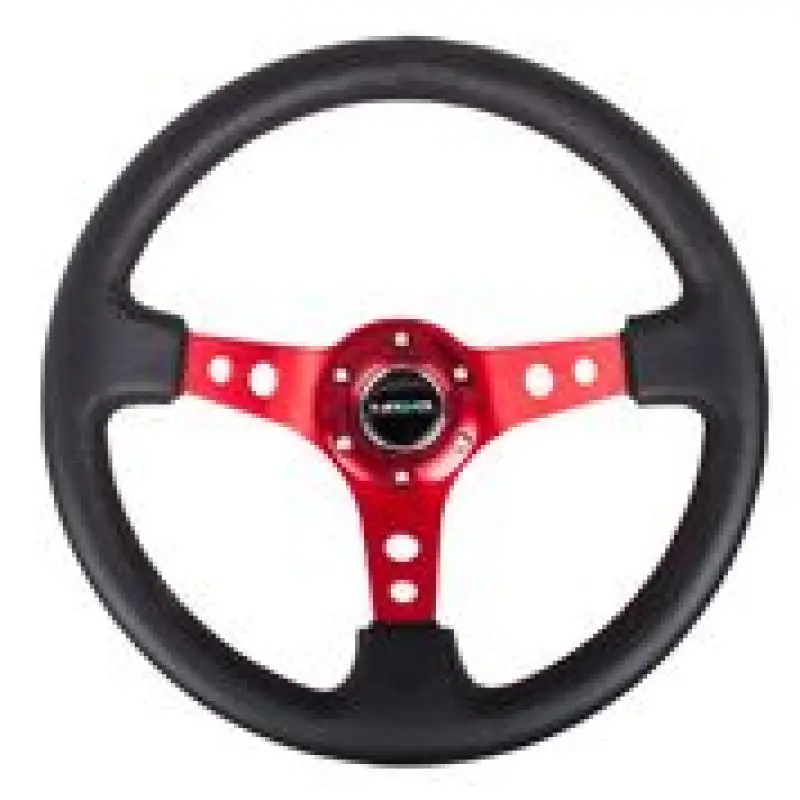 Nrg Reinforced Steering Wheel (350Mm / 3In. Deep) Blk Leather W/Red Circle Cutout Spokes 1