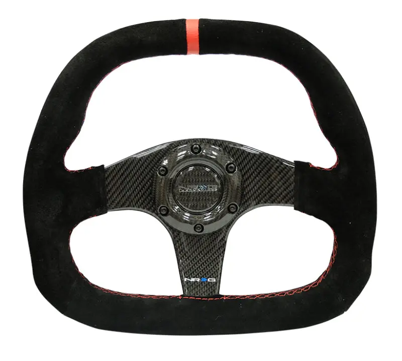Nrg Carbon Fiber Steering Wheel (320Mm) Flat Btm. Blk Suede/Red Stitch W/Cf Spokes & Red Center Mark 1