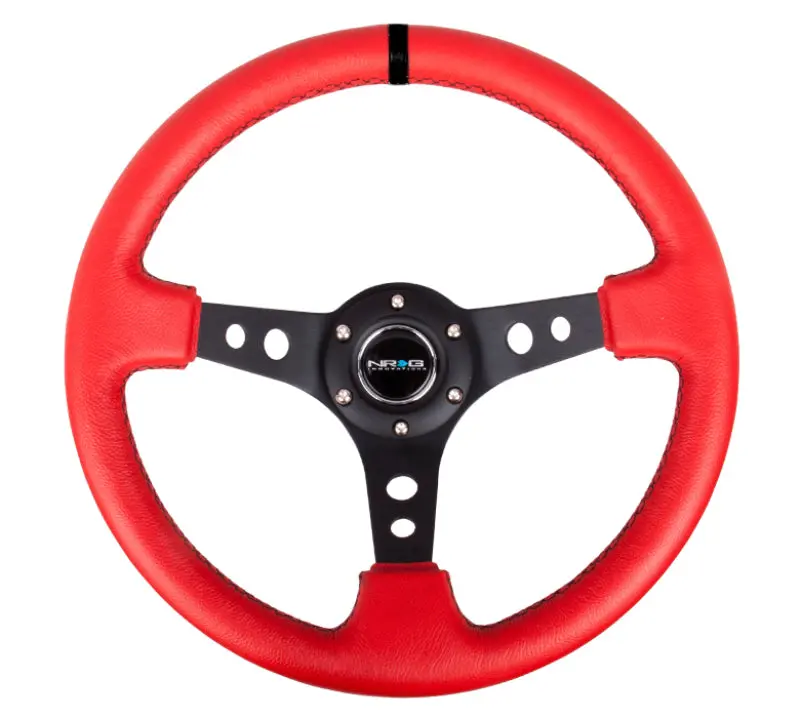 Nrg Reinforced Steering Wheel (350Mm / 3In. Deep) Red Suede W/Blk Circle Cutout Spokes 1
