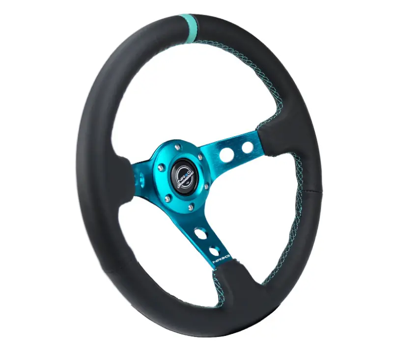 Nrg Reinforce Steering Wheel (350Mm / 3In. Deep) Blk Leather, Teal Center Mark W/ Teal Stitching 1
