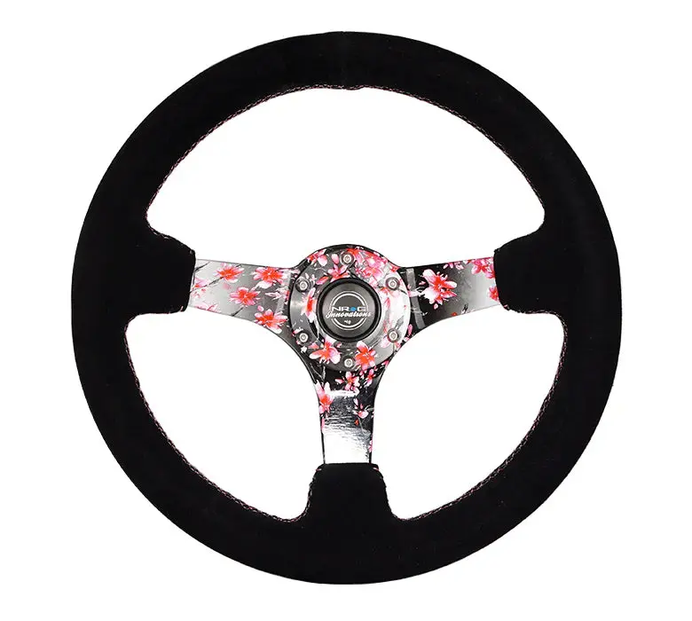 Nrg Reinforced Steering Wheel (350Mm) 3In Deep Pink Sakura Floral Solid Spoke - Black Suede/Stitch 1
