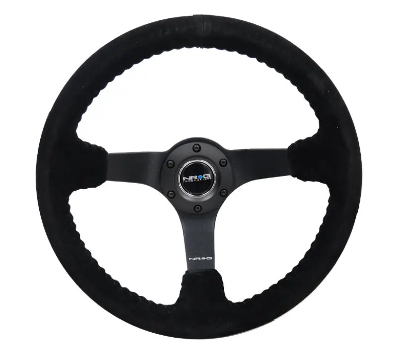 Nrg Reinforced Steering Wheel (350Mm / 3In. Deep) Blk Suede/Blk Bball Stitch W/5Mm Matte Black Spoke 1