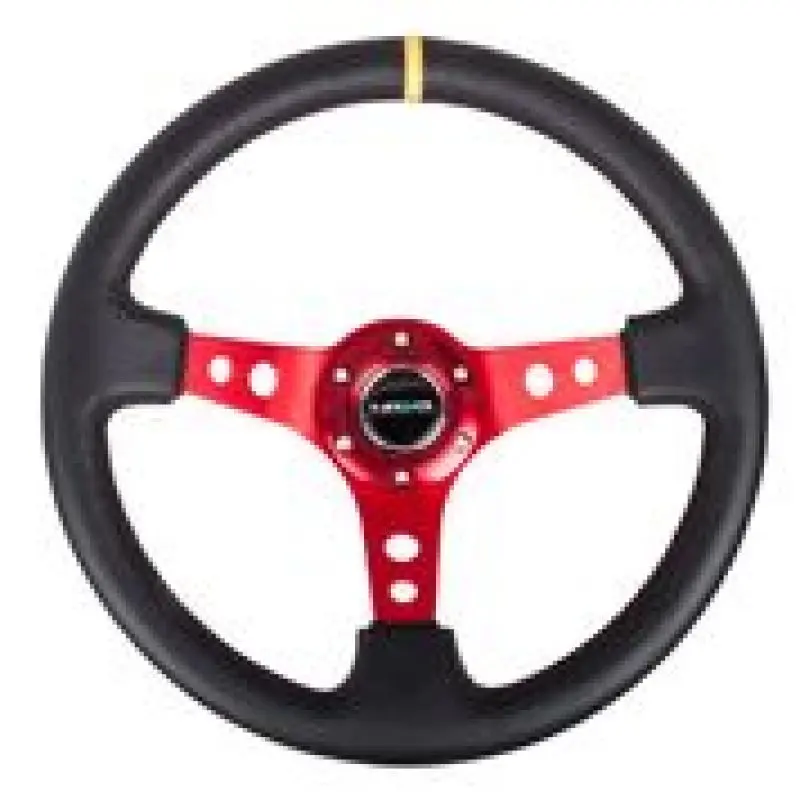 Nrg Reinforced Steering Wheel (350Mm / 3In. Deep) Blk Leather W/Red Spokes & Sgl Yellow Center Mark 1