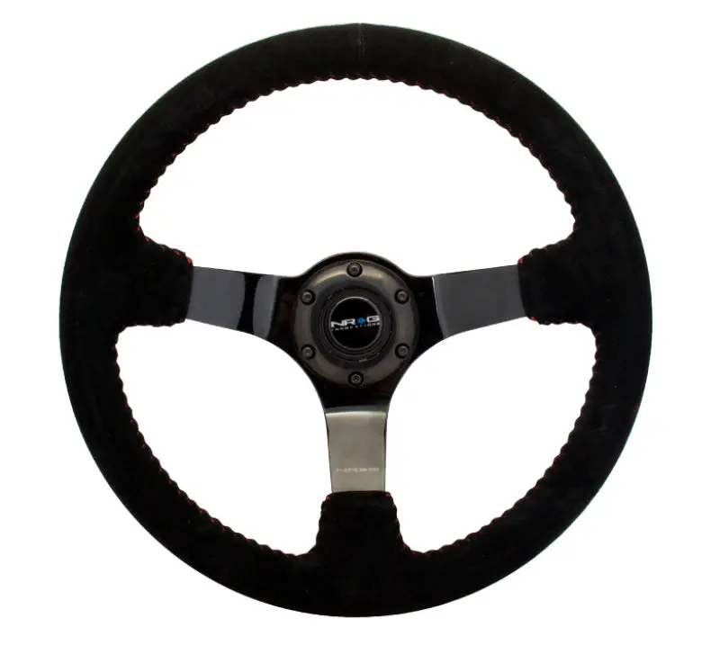 Nrg Reinforced Steering Wheel (350Mm / 3In. Deep) Blk Suede W/Red Bball Stitch & Black 3-Spoke 1
