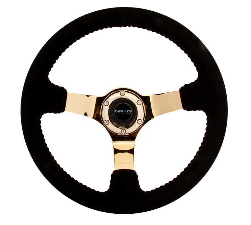 Nrg Reinforced Steering Wheel (350Mm / 3In. Deep) Blk Suede W/Red Bball Stitch & Chrome Gold 3-Spoke 1