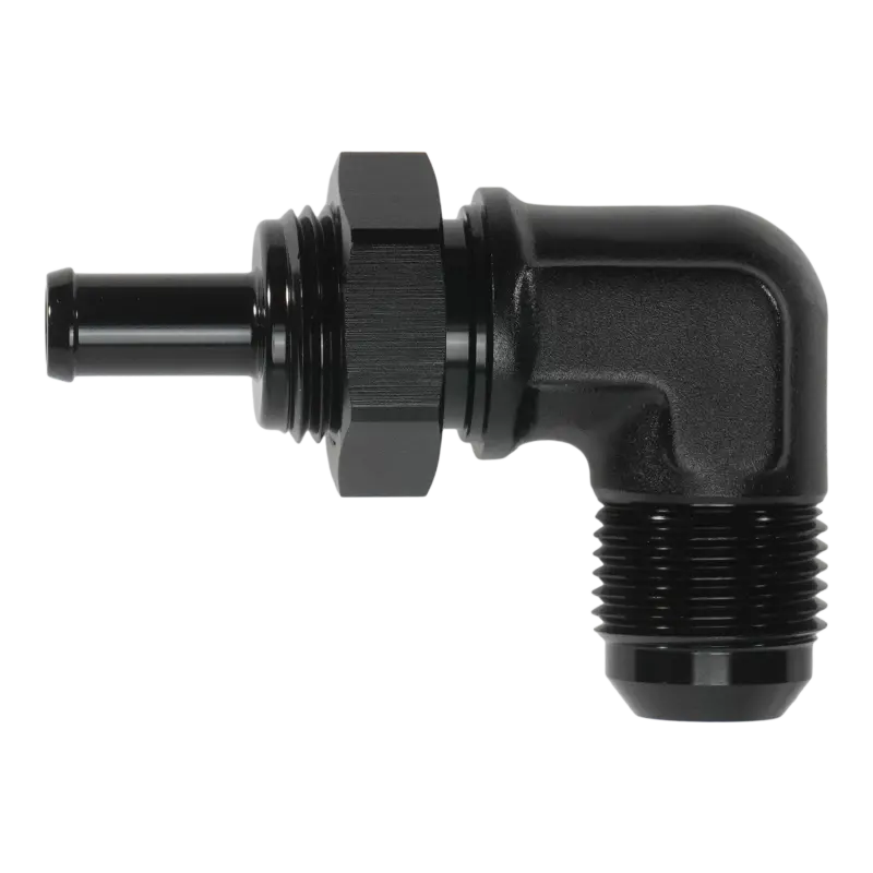 Deatschwerks 10An Male Flare Bulkhead To 3/8In Hose Barb 90-Degree 1