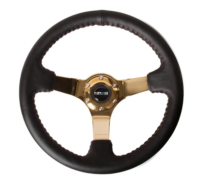Nrg Reinforced Steering Wheel (350Mm / 3In. Deep) Blk Leather/Red Bball Stitch W/4Mm Gold Spokes 1