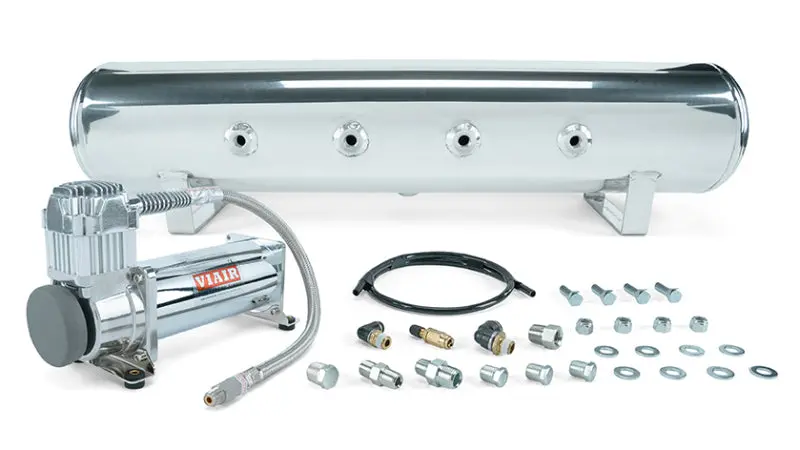 4 Gal. 7-Port Polished Tank W/ Viair 444C Chrome Compressor, 1/4" & 3/8" Fittings & Tank Mounting Hardware 1