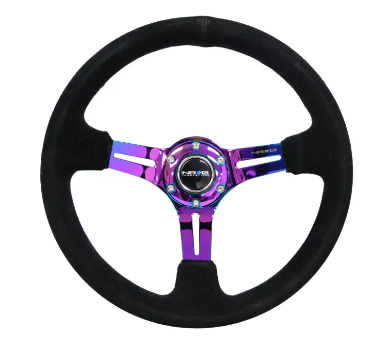 Nrg Reinforced Steering Wheel (350Mm / 3In. Deep) Blk Suede/Blk Stitch W/Neochrome Slits 1